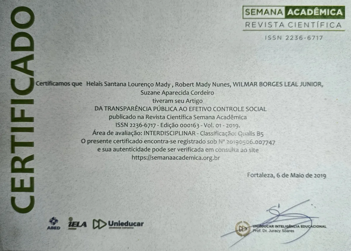 Publicação Transparência Pública ao Efetivo Controle Social de Wilmar Borges Leal Junior