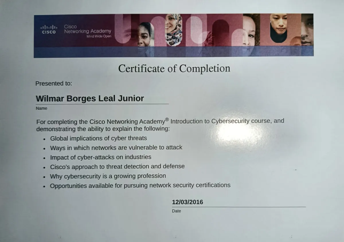 Curso Introduction to Cybersecurity de Wilmar Borges Leal Junior
