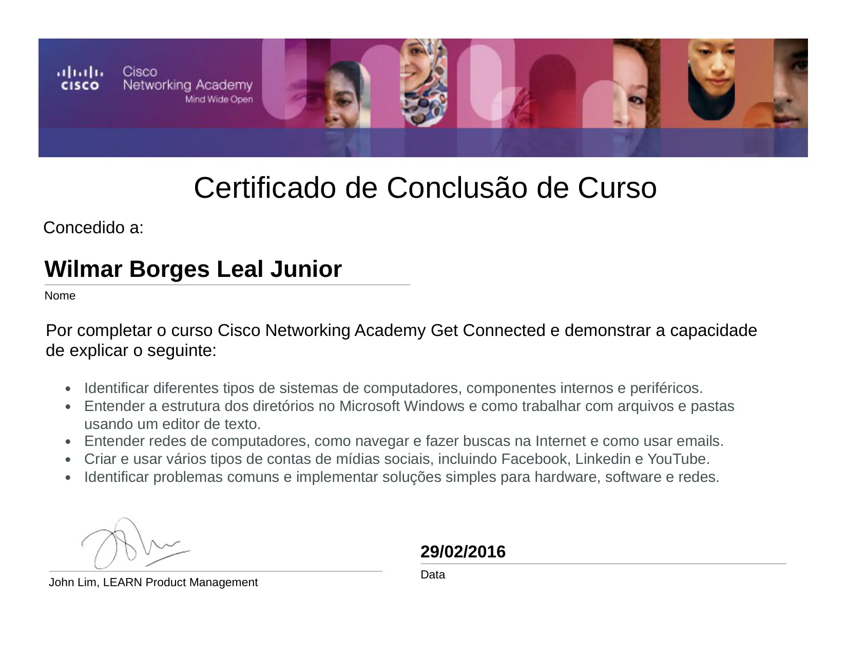 Curso Cisco Networking Academy Get Connected de Wilmar Borges Leal Junior