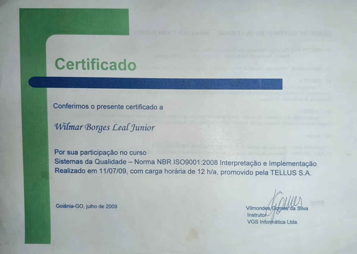 Curso Sistemas da Qualidade — Norma NBR 9001:2008 Interpretação e Implementação de Wilmar Borges Leal Junior