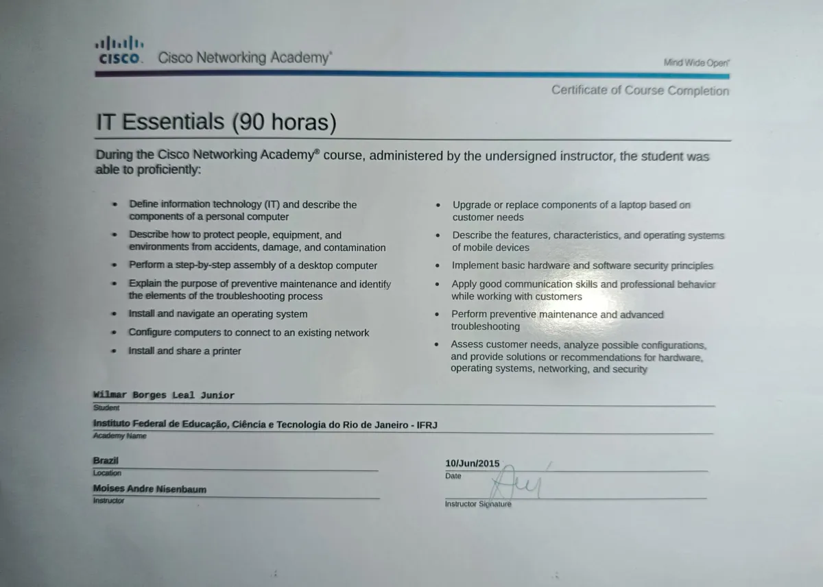Curso Cisco Networking Academy Essentials de Wilmar Borges Leal Junior