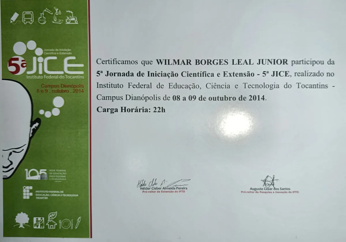 Evento 5º Jornada de Iniciação Científica e Extensão - 5º JICE de Wilmar Borges Leal Junior