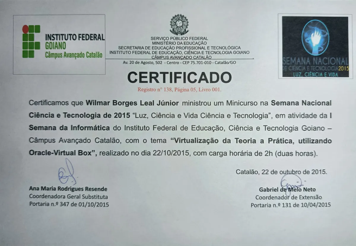Minicurso Minicurso na Semana Nacional da Ciência e Tecnologia de 2015 de Wilmar Borges Leal Junior