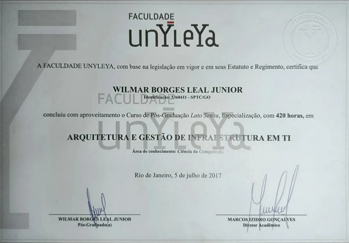 Especialização Especialização em Infraestrutura em TI de Wilmar Borges Leal Junior